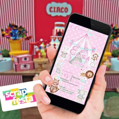 Convite Arte Digital Personalizado Festa Circo Rosa Aquarela