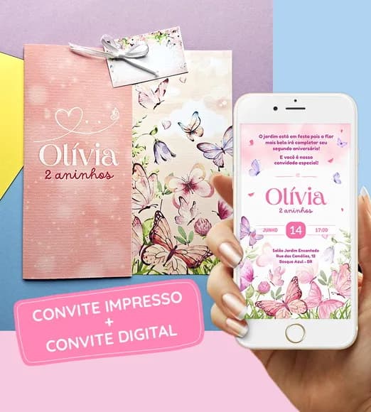 Kit Convite Impresso + Digital - Jardim das Borboletas