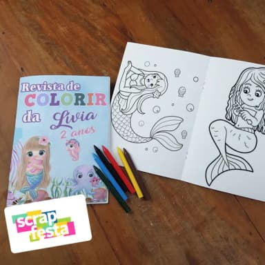 Revista Colorir + Giz de Cera Festa Sereia Aquarela