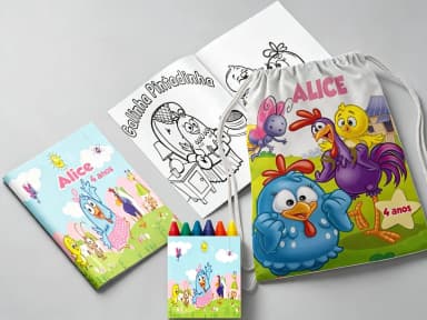 Kit Mochila e Revista de colorir para lembrancinha da Galinha Pintadinha