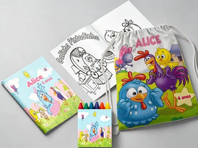 Kit Mochila e Revista de colorir para lembrancinha da Galinha Pintadinha