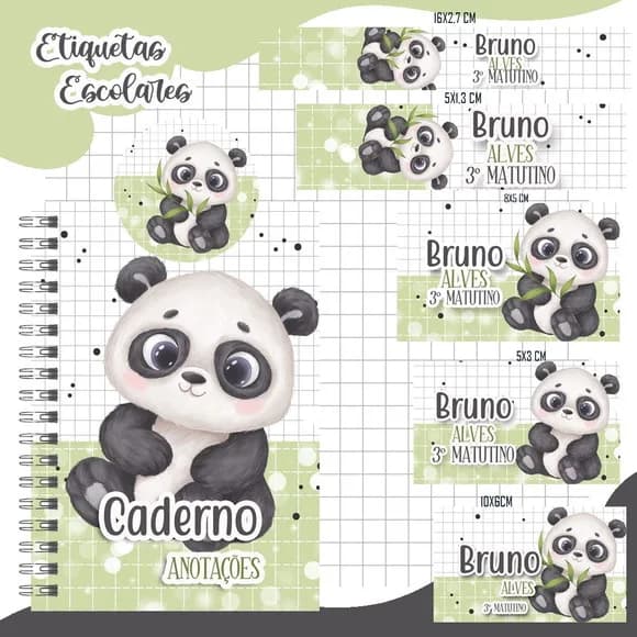 Caderno + Etiquetas + Tag Personalizada + Lápis ( Panda )