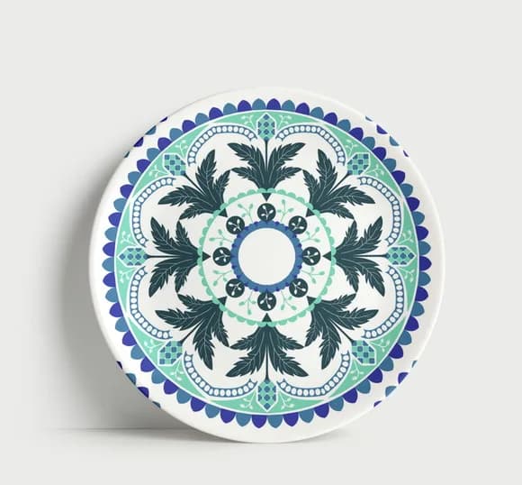 Prato Decorativo Mandala Botânica Azul e Menta 21cm Porcelan
