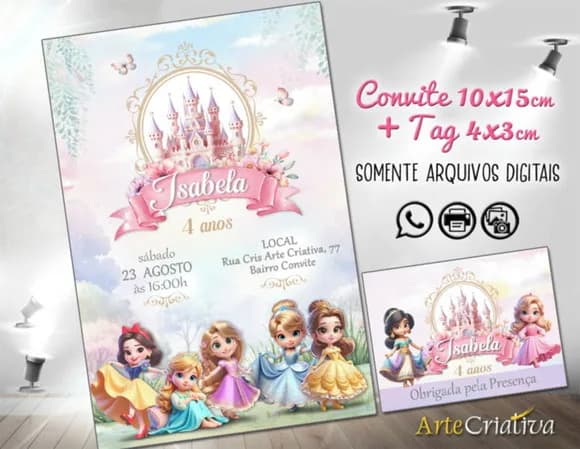 Convite Digital C/tag Princesas Disney Aquarela