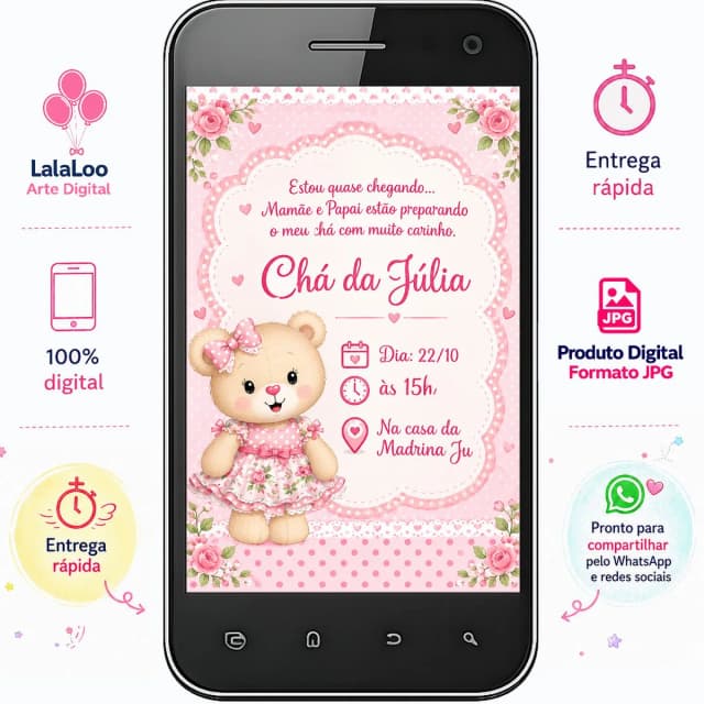 Convite Digital Cha de Bebê Tema Ursinha | Arte para Compartilhar pelo WhatsApp
