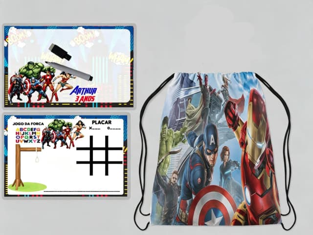 Kit Mochilinha e Lousa Magica para festa de aniversario dos Vingadores