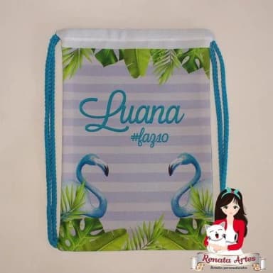 Mochila de Tecido Personalizada Tema Flamingo Azul