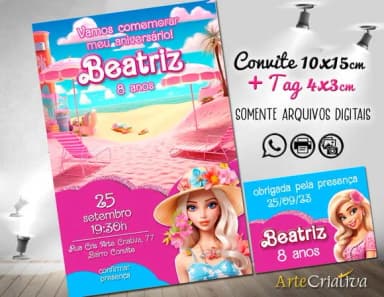 Convite Digital C/tag Boneca Barbie Rosa 8