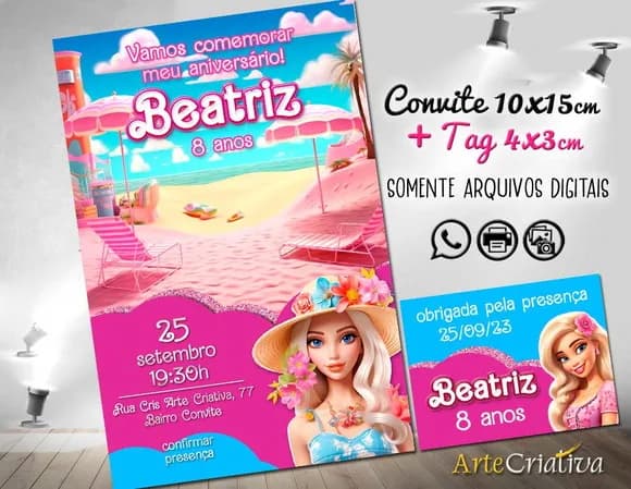 Convite Digital C/tag Boneca Barbie Rosa 8