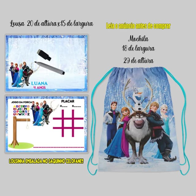 kit Mochilinha e Lousa Magica para lembrancinhas da Frozen