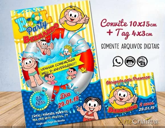 CONVITE DIGITAL C/TAG Pool Party Turma da Mônica Menino