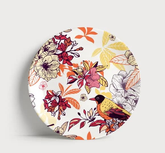 Prato Decorativo Pássaro e Floral Moderno - Porcelana 21cm