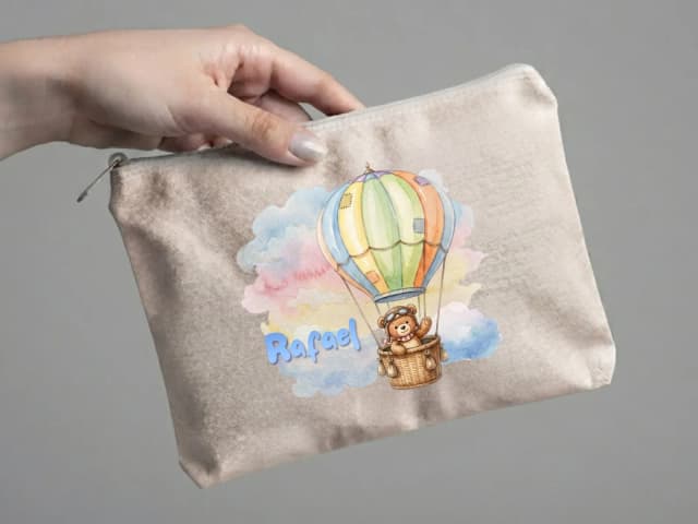 Lembrancinha Nécessaire Personalizada Algodão Cru 20x15 Estampa DTF Ursinho Balão