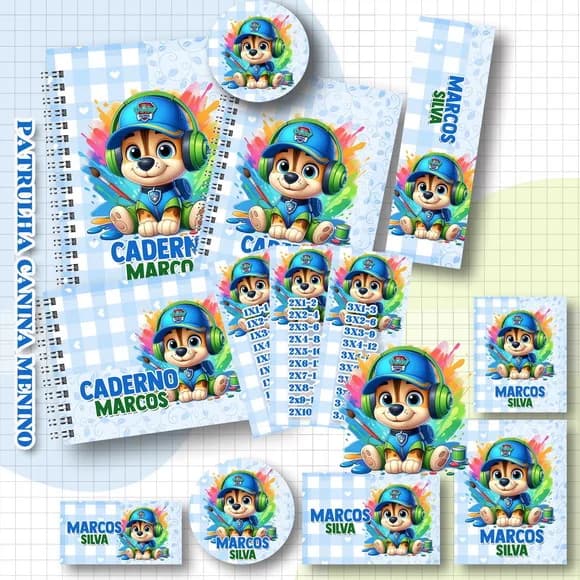 Caderno + Etiquetas + Tag Personalizada + Lápis Patrulha