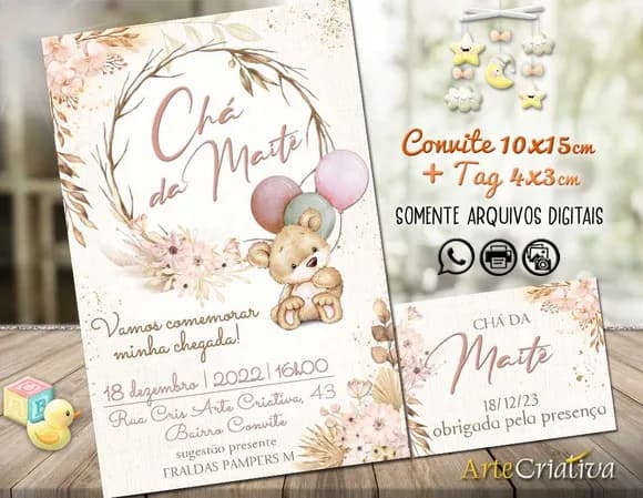 Convite Digital C/tag Chá de Bebê Menina Ursinho Boho