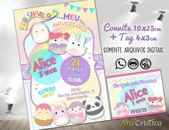 Convite Digital C/tag Squishmallows