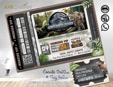 Convite Digital C/tag Ingresso Dinossauro Jurassic Park