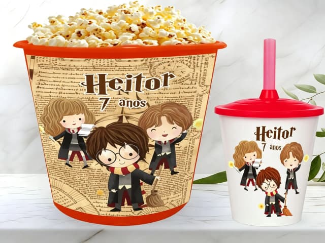 Kit Balde de Pipoca e Copo Twister Personalizado Harry Potter