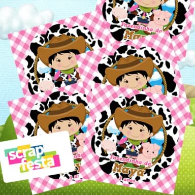 Adesivo Personalizado Quadrado 12x12 Festa Fazendinha Rosa