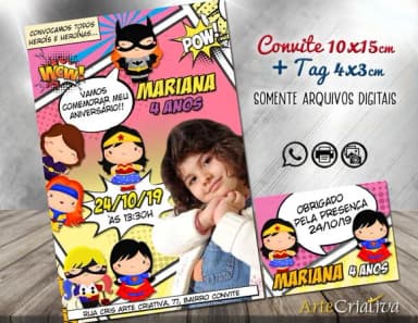 CONVITE DIGITAL C/TAG Heroinas Cute Gibi com Foto