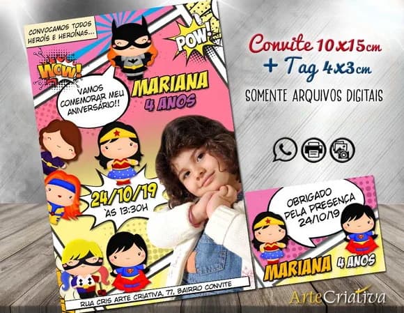 CONVITE DIGITAL C/TAG Heroinas Cute Gibi com Foto