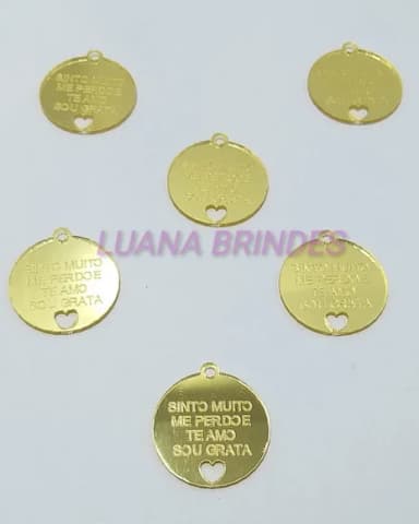 Pingente c/frase em Acrílico Espelhado Dourado - pct c/10 un