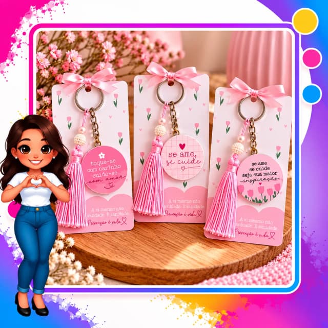 Chaveiro Outubro Rosa com Pingente e Tassel Rosa – Lembrancinha Personalizada