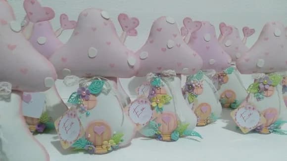 Kit 10 Cogumelo Rosa Bb Enfeite de Mesa Bosque Encantado