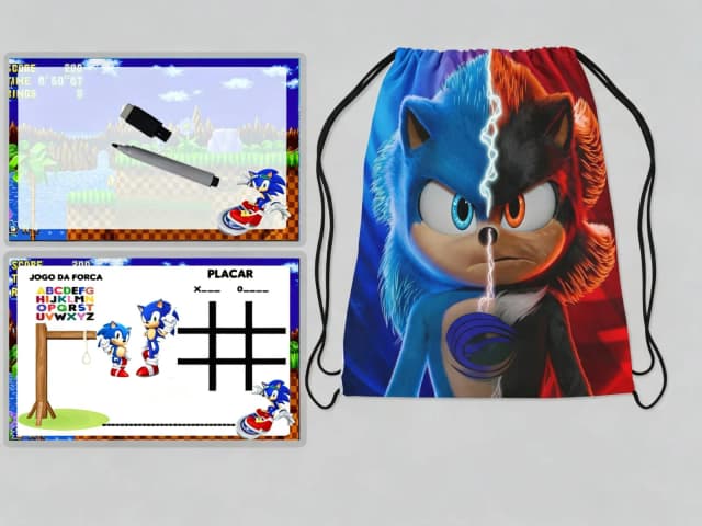 Kit Mochilinha e Lousa Magica Personalizada para lembrancinhas do Sonic