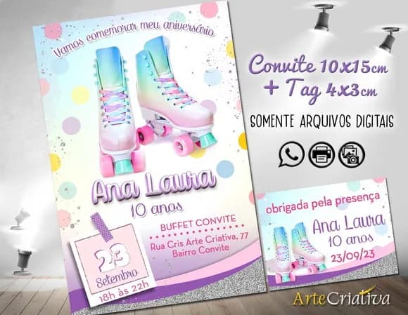 Convite Digital C/tag Festa Patins Candy Color