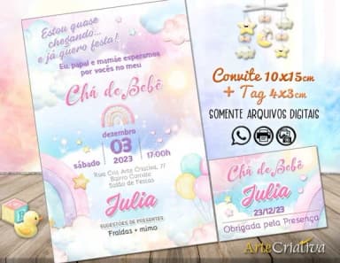 Convite Digital C/tag Chá de Bebê Nuvem Menina