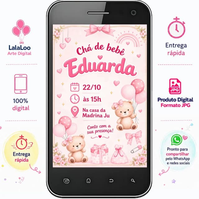 Convite Digital Cha de Bebê Tema Ursinha | Arte para Compartilhar pelo WhatsApp