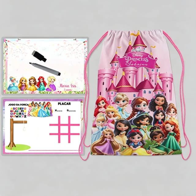 Kit Mochilinha e Lousa Magica personalizada para lembrancinhas das Princesas