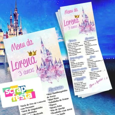 Menu Cardápio Personalizado Festa Princesas Castelo Aquarela