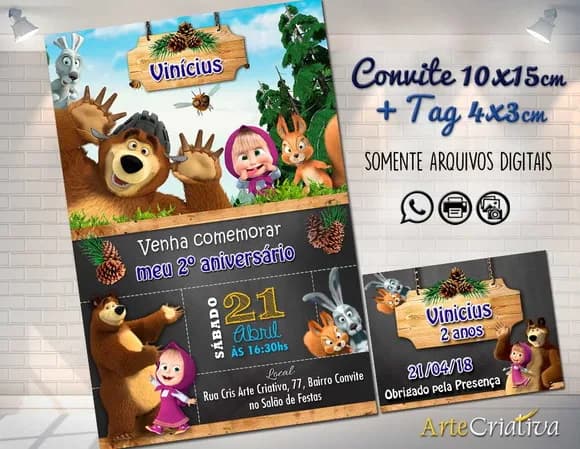 CONVITE DIGITAL C/TAG Marsha e o Urso Chalk Menino