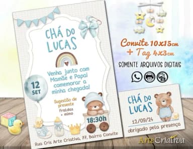 Convite Digital C/tag Chá de Bebê Menino Ursinho Fofo