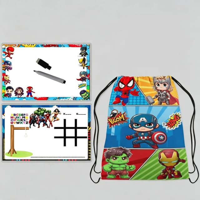 Kit Mochilinha e Lousa Magica Personalizada para lembrancinhas dos Super Heróis