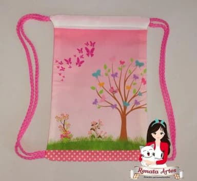 Mochila de Tecido Personalizada Jardim Borboletas Rosa