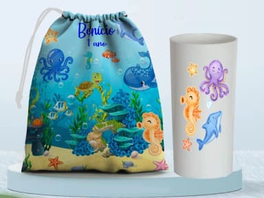 Kit Saquinho Surpresa e Copo Long Drink Personalizado Fundo do Mar