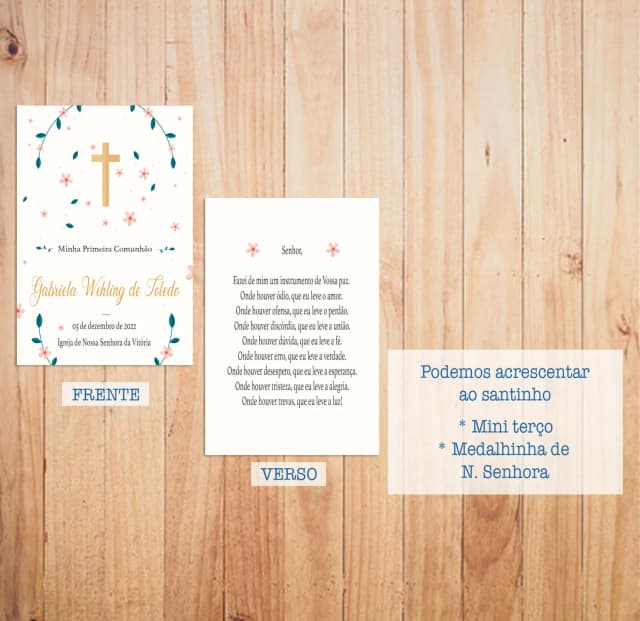 Lembrança Primeira Comunhão - Santinho Frente e Verso
