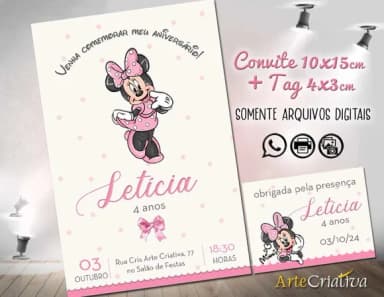 Convite Digital C/tag Minnie Mouse Rosa 5