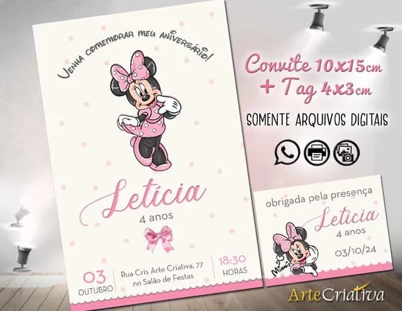 Convite Digital C/tag Minnie Mouse Rosa 5