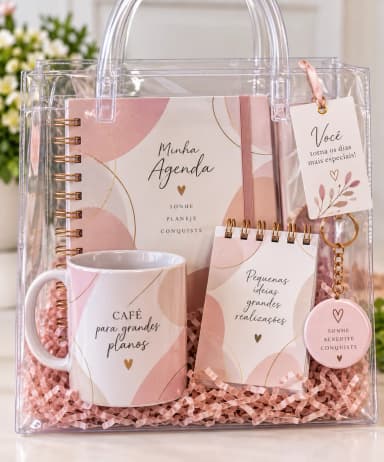 Kit Agenda, Bloquinho, Caneca e Chaveiro Espelho