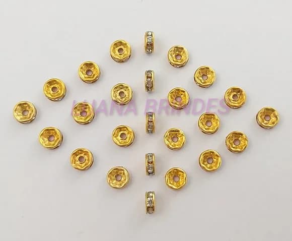 Rondela de Metal Dourado com Strass - 8mm - pct com 25 unid