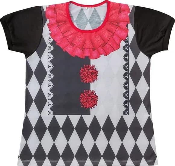 Blusa Adulto Fantasia Pierrô Arlequim com Gola de Babado Vermelho