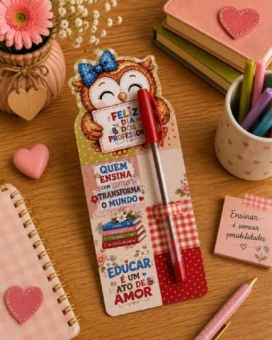 Lembrancinha para Professor com Caneta Personalizada e Marcador de Página – Coruja