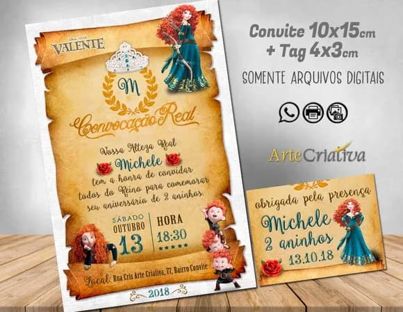 CONVITE DIGITAL C/TAG Pergaminho Merida Valente Disney