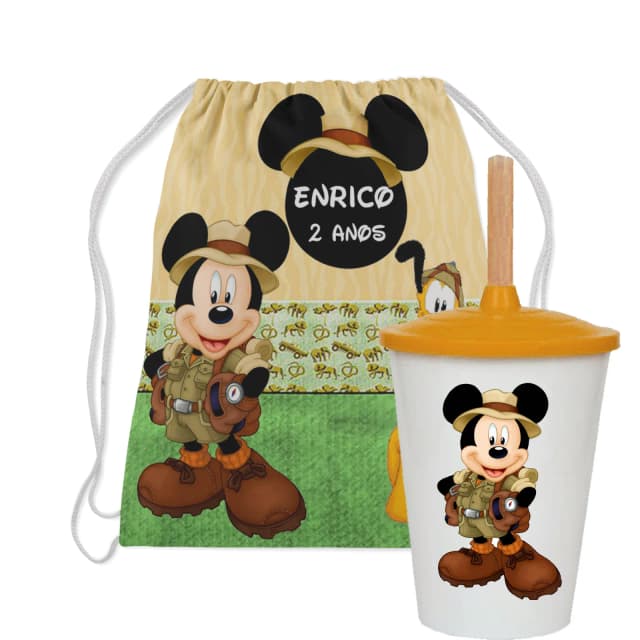 Kit Mochila e Copo Twister personalizado do Mickey Safari