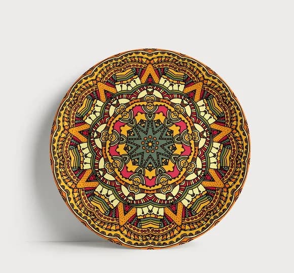 Prato Decorativo Mandala Geométrica Amarela e Terracota 21cm
