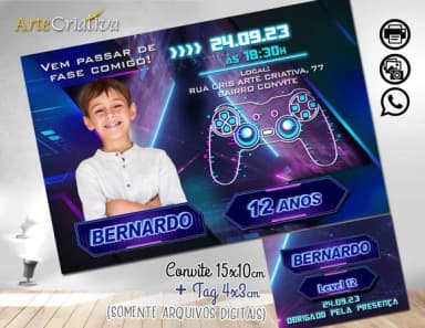 Convite Digital C/tag Video Game Neon